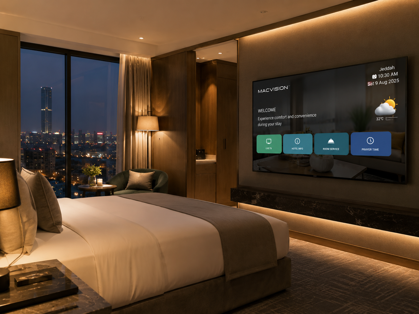 غرفة فندق فاخرة مع واجهة التلفزيون الذكي من MACVISION
