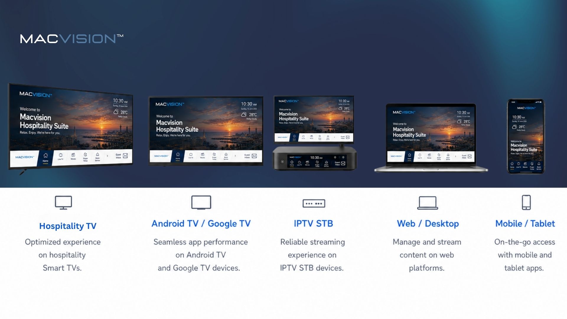 IPTV للضيافة من MACVISION عبر التلفزيون الذكي وAndroid TV وأجهزة IPTV STB وأجهزة الحاسب والجوال